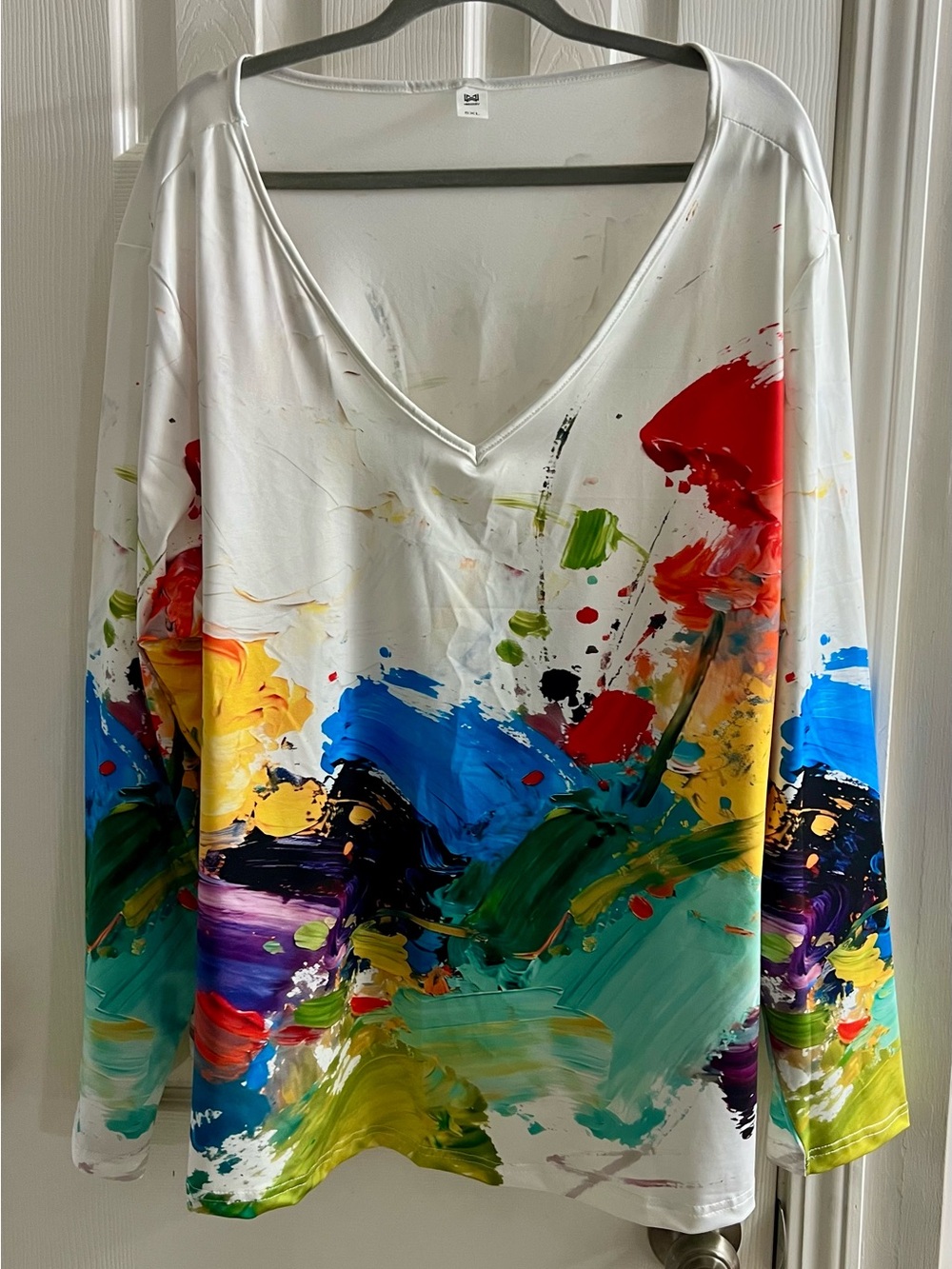 Women's V-Neck Paint Splash Print Top - White Multi